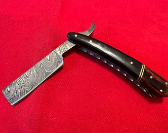 8 3/4” Handmade Damascus Straight Razor w/ Bull Horn and Pakkawood Handle