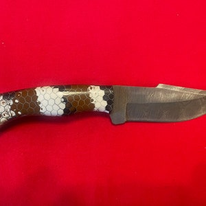 9 3/4” Handmade Damascus Full Tang Hunting Knife with Snake Skin Pattered Acrylic Handle