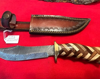 12 1/2” Handmade Damascus Full Tang Hunting Knife w/ Walnut & Olive Wood Herringbone Handle