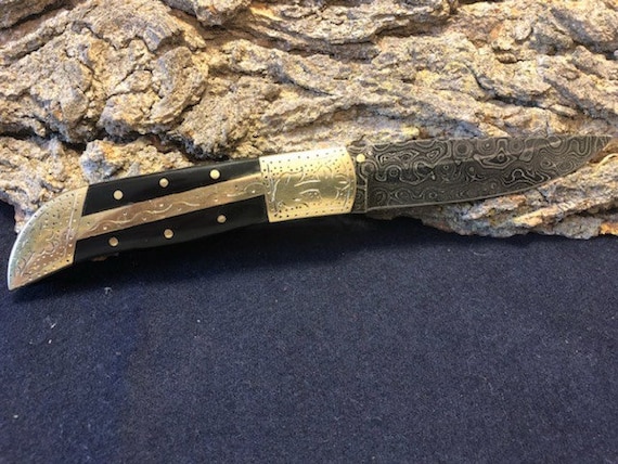 7" Handmade Custom Damascus Folding Pocketknife w/ an Engraved Bull Horn Handle