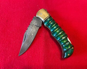 6 1/2” Damascus Folding Knife w/ Twist Pattern Damascus Blade