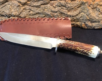 12 1/4” Handmade D2 Steel Hunting Knife w/ Antler Handle and Draw Nut End