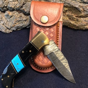 6 3/4" Handmade Damascus Folding Pocket Knife w/ Turquoise Bull Horn Handle with Brass Bolster