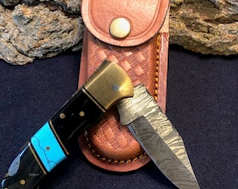 6 3/4" Handmade Damascus Folding Pocket Knife w/ Turquoise Bull Horn Handle with Brass Bolster