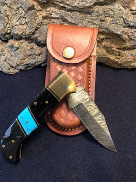 6 3/4" Handmade Damascus Folding Pocket Knife w/ Turquoise Bull Horn Handle with Brass Bolster