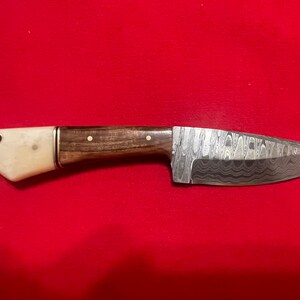 8” Handmade Damascus Skinning Knife w/ Walnut and Camel Bine Handle with Lanyard Hole