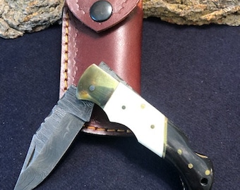 6 3/4" Handmade Damascus Folding Pocket Knife w/ Black Bull Horn and Camel Bone Handle with Brass Bolster