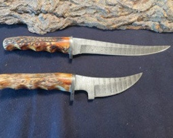 Handmade Damascus Hunting Fishing Set - 13" Fillet Fishing Knife & 10" Skinner Knife w/ Stag Horn Finger Grooved Handles