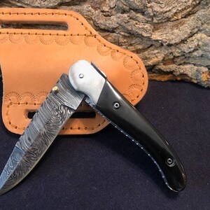 9&quot; Handmade Damascus Twist Pattern Folding Pocket Knife w/ Bull Horn Handle with Chrome Bolster
