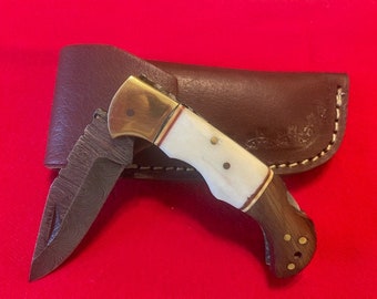 6 3/4" Handmade Damascus Folding Pocketknife w/ Wedge Wood and Camel Bone Handle