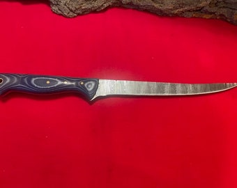 12 1/2” Handmade Damascus Full Tang Fillet Knife w/ Blue Micarta Handle