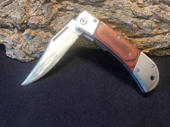 8 1/2" Handmade Spring Assisted Folding Pocketknife w/ Fruit Wood Handle and Steel Bolster with Pocket Clip