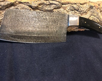 12" Handmade Damascus Cleaver w/ Steel Bolster and Black Buffalo Horn Handle