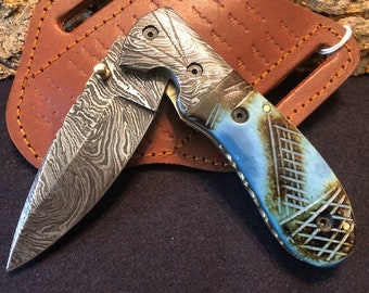 8" Handmade Damascus Folding Pocketknife w/ Blue Flamed Camel Bone Handle