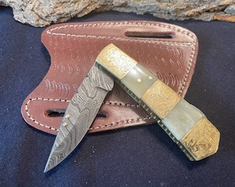 8" Handmade Damascus Folding Pocketknife w/ Camel Bone and Brass Engraved Handle