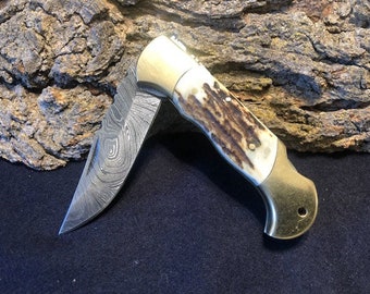 7 1/2" Custom Handmade Folding Damascus Pocketknife w/ Ram Horn Handle with Brass Bolsters