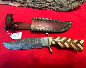 12” Handmade Damascus Full Tang Hunting Knife w/ Walnut and Olive Wood Herringbone Wood Handle