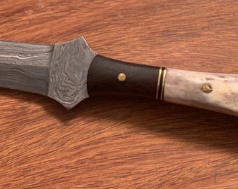 7" Handmade Damascus Full Tang Boot Knife w/ Walnut and Camel Bone Handle