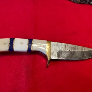 9” Handmade Damascus Full Tang Hunting Knife w/ Camel Bone and Blue Resin Handle