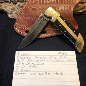 7" Handmade Custom Damascus Folding Pocketknife w/ an Engraved Bull Horn Handle afbeelding 4