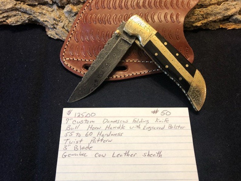 7" Handmade Custom Damascus Folding Pocketknife w/ an Engraved Bull Horn Handle afbeelding 4