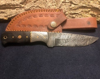 8" Handmade Damascus Knife w/ Buffalo Horn and Mosaic Handle