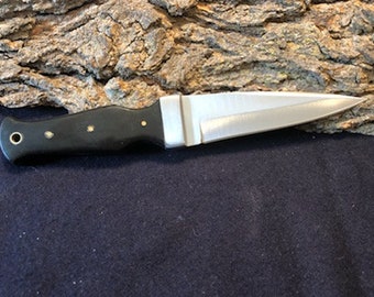 9 1/4" Handmade Stainless Steel Full Tang Boot Knife w/ Black Buffalo Horn Handle *Lanyard Hole Included*