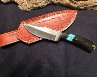 8" Handmade Damascus Knife w/ Black Bull Horn and Turquoise Handle