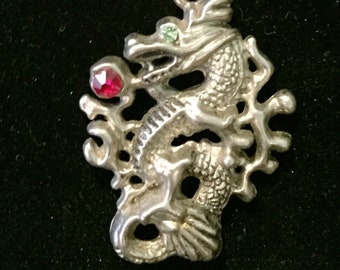 SALE!! Marked "486"Pewter Dragon Necklace, Fire Breathing Rhinestone Serpent, Gothic Necklace, Celtic, Mythology Necklace, Sorcery Necklace