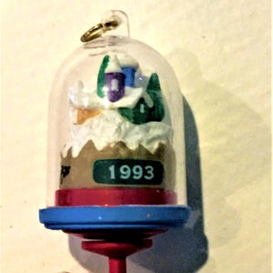Vintage Hallmark 1993 Christmas Village Spin Globe. Turn knob. Plastic Snow, Santa, Sleigh,Trees, Homes, HIlltop, Ornament, Collectable
