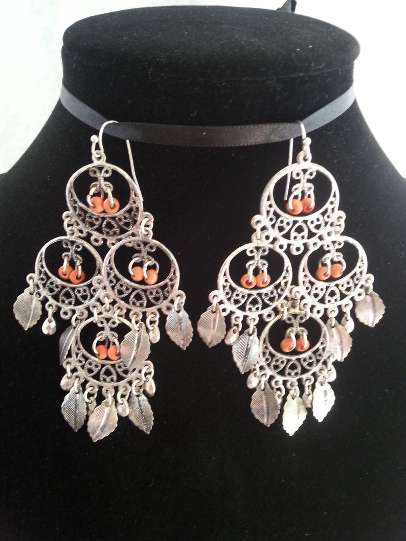 Silver Chandelier Earrings Gypsy Vintage BohoHippie Leaf Charms Soft Faded Red Beads,Large Dangle 3.75 Inch Native American