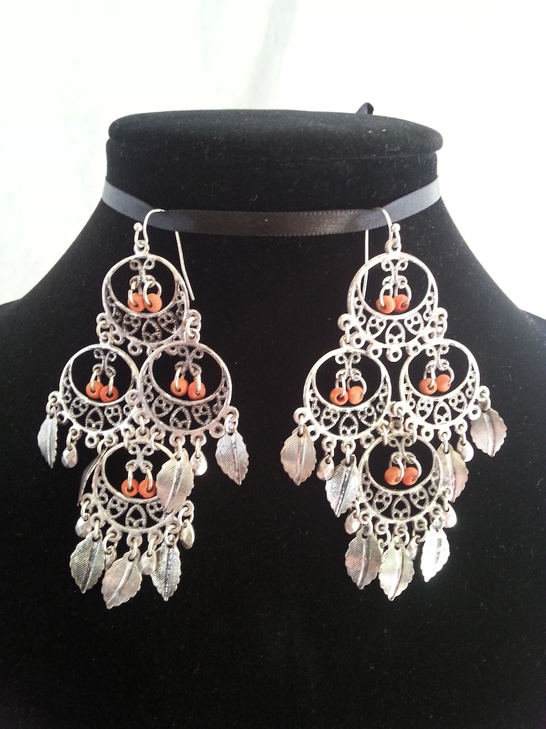Silver Chandelier Earrings Gypsy Vintage BohoHippie Leaf Charms Soft Faded Red Beads,Large Dangle 3.75 Inch Native American