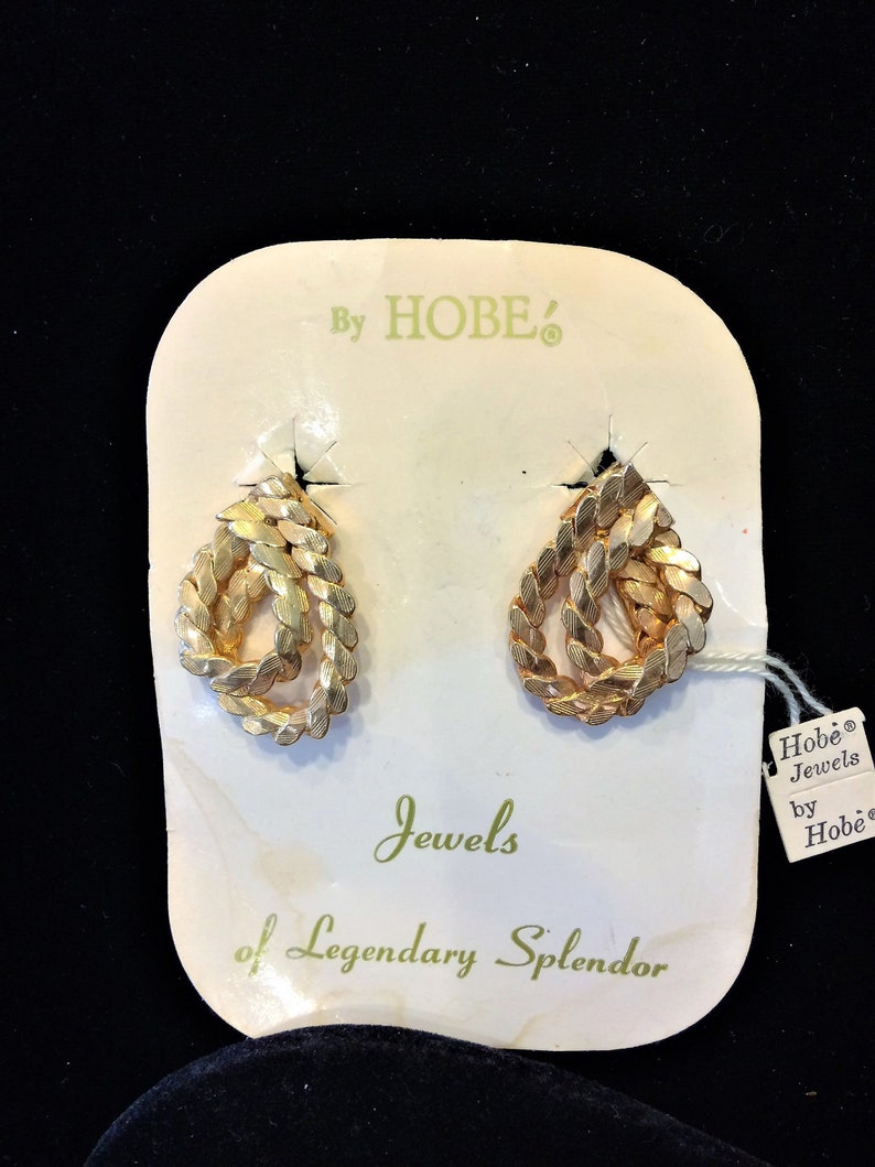Still on original card with price tag Vintage Designer HOBE Clip-on with roller Classy Gold Double Loop Hoops Textured New Old Stock