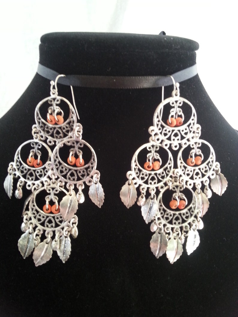 Silver Chandelier Earrings Gypsy Vintage BohoHippie Leaf Charms Soft Faded Red Beads,Large Dangle 3.75 Inch Native American