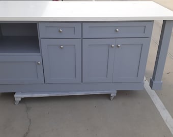 7ft Grey color Kitchen island with white quartz top and microwave opening (Available for Custom )