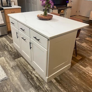 Kitchen Island, Butcher Block/Quartz top Kitchen Island with Seating Option, with Storage, Trash Bin, Shelving