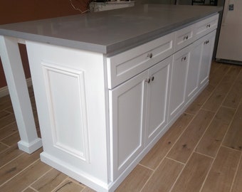 6ft white  kitchen island with gray quartz top