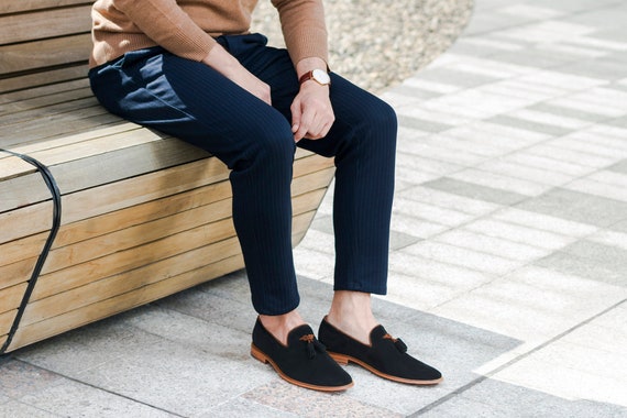 black suede tassel loafers