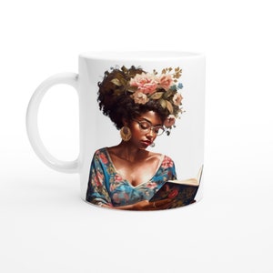 White 11oz Ceramic Bookworm Mug, Black Girls Love Reading Mug, Black Girl Love Mug,  Bookworm Black Girl Mug, Girl Reading Mug