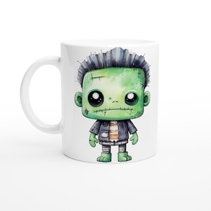 White 11oz Ceramic Frankenstein Mug, Halloween Mug, Baby Frankenstein Mug,  I love Pumpkin Mug, Cartoon Frankenstein Mug