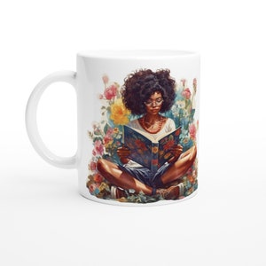 White 11oz Ceramic Bookworm Mug, Black Girls Love Reading Mug, Black Girl Love Mug,  Bookworm Black Girl Mug, Girl Reading Mug