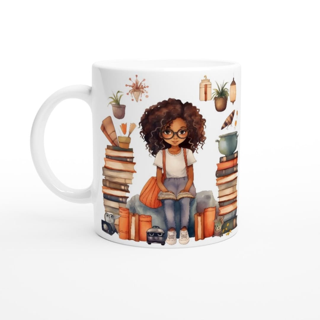 White 11oz Ceramic Bookworm Mug, Black Girls Love Reading Mug, Black ...