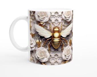 White 11oz Ceramic Mug, Gold Bee Mug, White Flower Mug,  HoneyComb Mug, Golden bug Mug,  Mom Gift, Grandma gift, Gift for mom