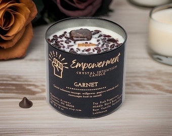 Empowerment Crystal Intention Candle Garnet Dark Rose Labdanum Wooden wick