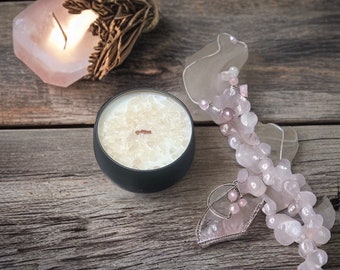 Pixie Dust Crystal Intention Candle Rose Quartz Wooden Wick