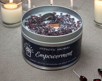 Empowerment Crystal Intention Candle Garnet Dark Rose Labdanum Wooden wick