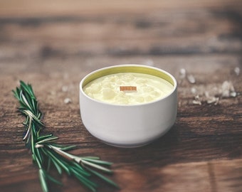 Sea Salt and Rosemary Crystal Intention Candle White Agate Wooden Wick