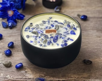 Intuition Crystal Intention Candle Lapis Lazuli Frankincense and Myrrh Wooden Wick