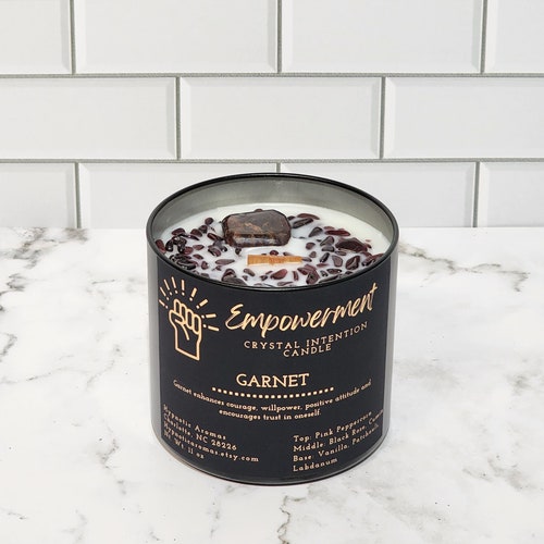 Empowerment Crystal Intention Candle Garnet Dark Rose Labdanum Wooden wick