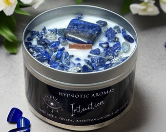 Intuition Crystal Intention Candle Lapis Lazuli Frankincense and Myrrh Wooden Wick